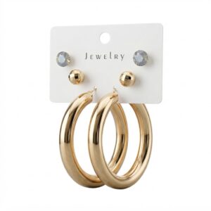 Fancy gold chunky hoop earrings displayed on a card