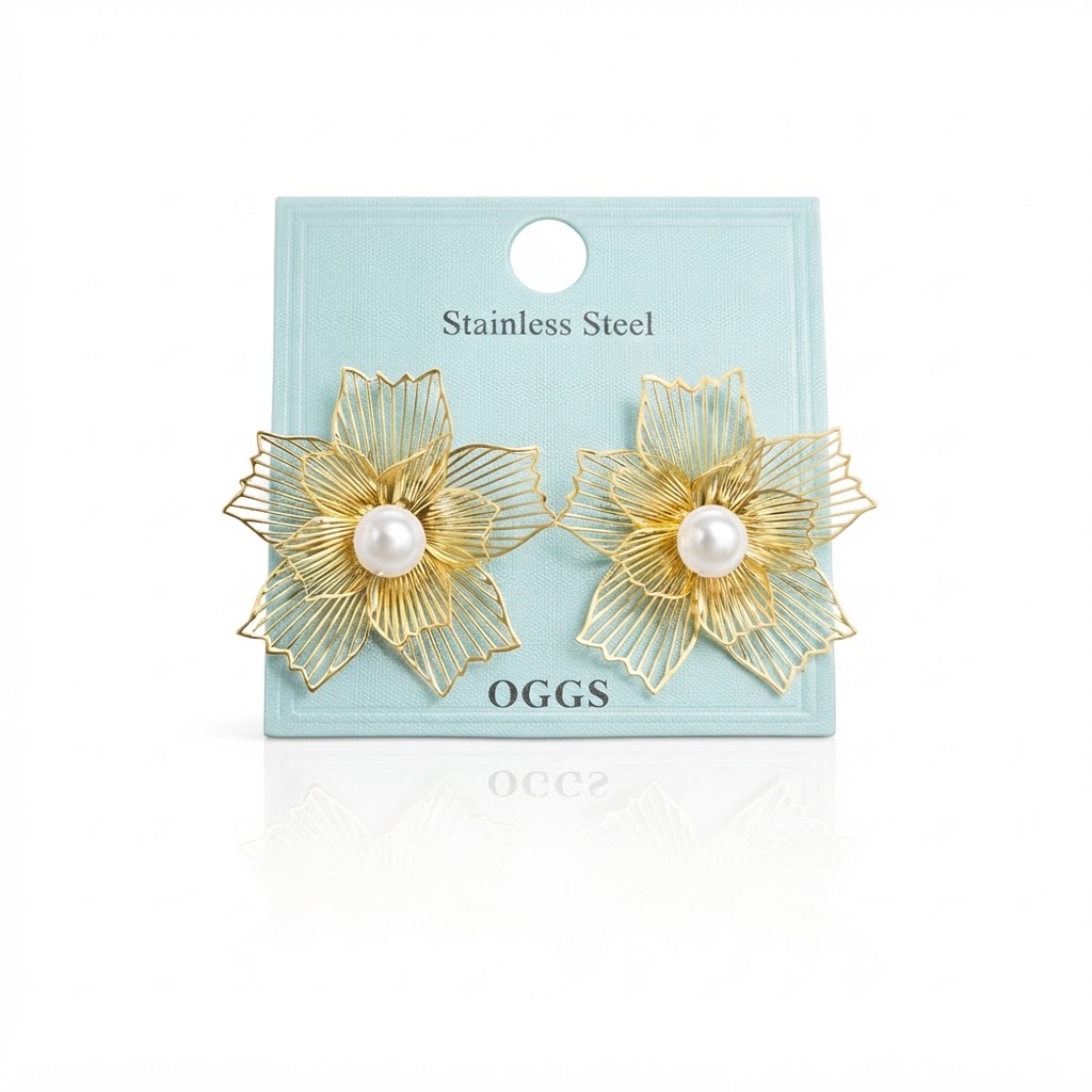 Gold Floral Pearl Statement Earrings by OGGS