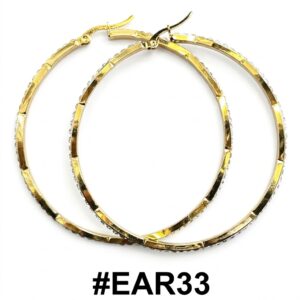Stylish gold round hoop earrings displayed on a black background