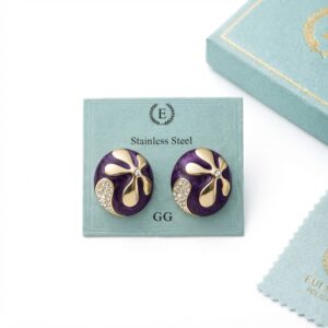 Elegant purple floral stud earrings with gold accents