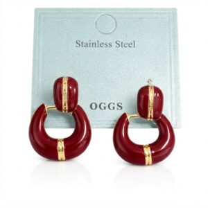 Glossy burgundy hoop drop earrings with gold accents