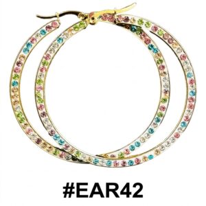 Fancy gold hoop earrings with multi-color stones