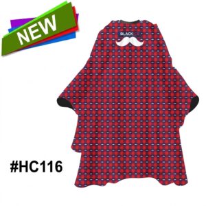 Black Ice barber cape with red and bur pattern