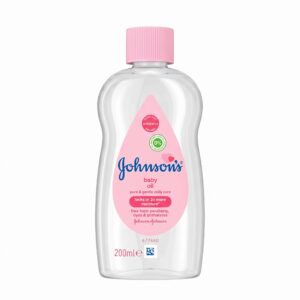 J&J Baby Oil Regular 200ml bottle with pink cap and gentle formula