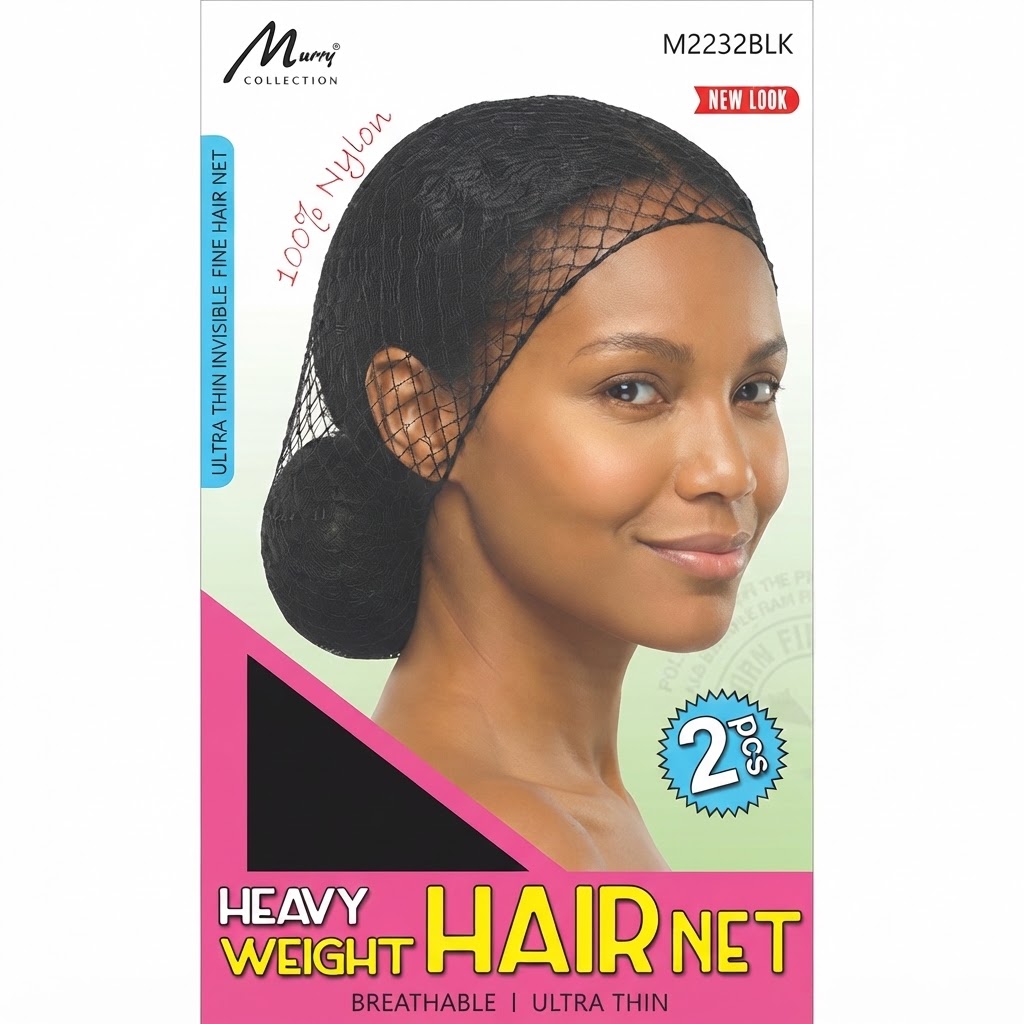 Murry Wave Hair Net Black 2pc packaging featuring a model wearing the hair net