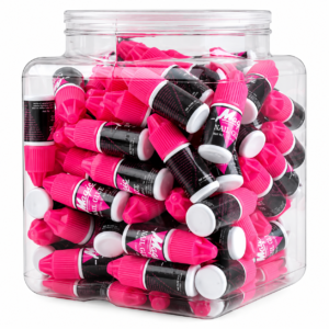 Jar of 100 nail glue tubes in pink packaging for nail extensions and repairs