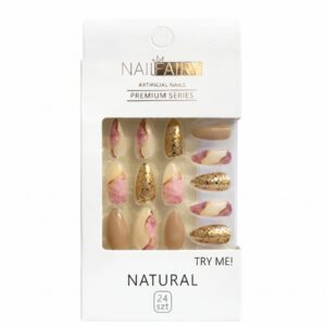 Fancy Finger Nail set featuring gold, gilt, and beige artificial nails in a pack of 24