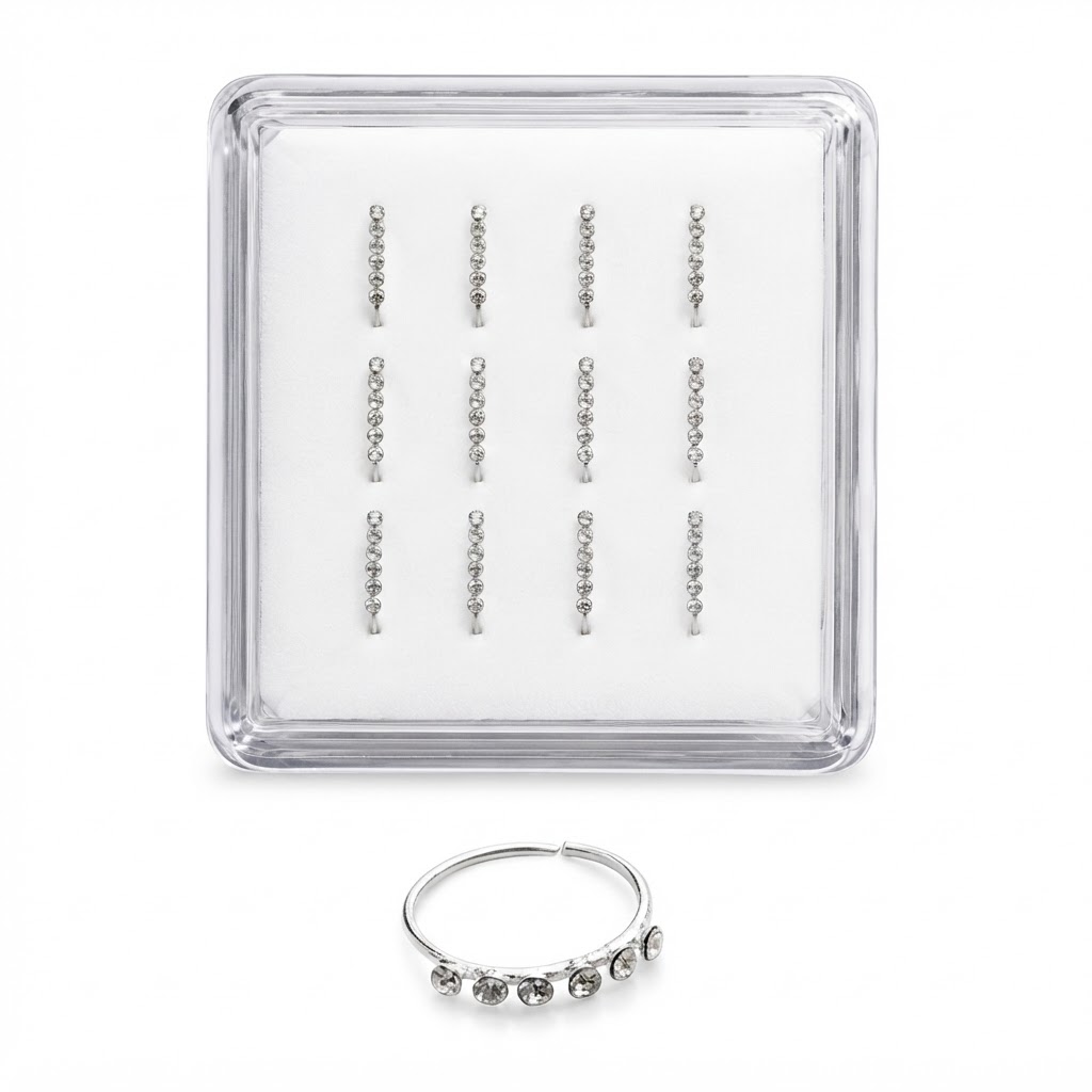 Elegant silver nose ring stones with sparkling details in a display case