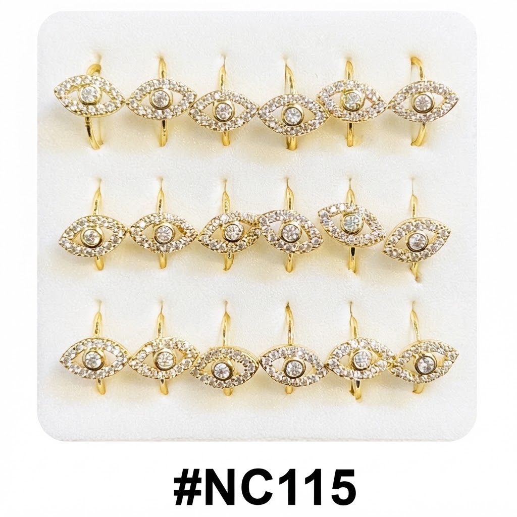 Nose Ring Eye with Stones showcasing elegant eye-shaped designs in gold with sparkling stones.