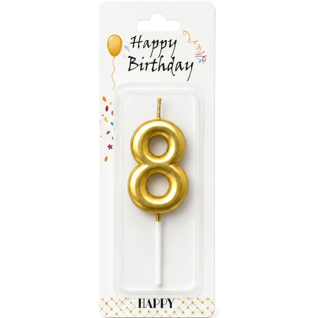 Gold number 8 birthday candle for cake decoration