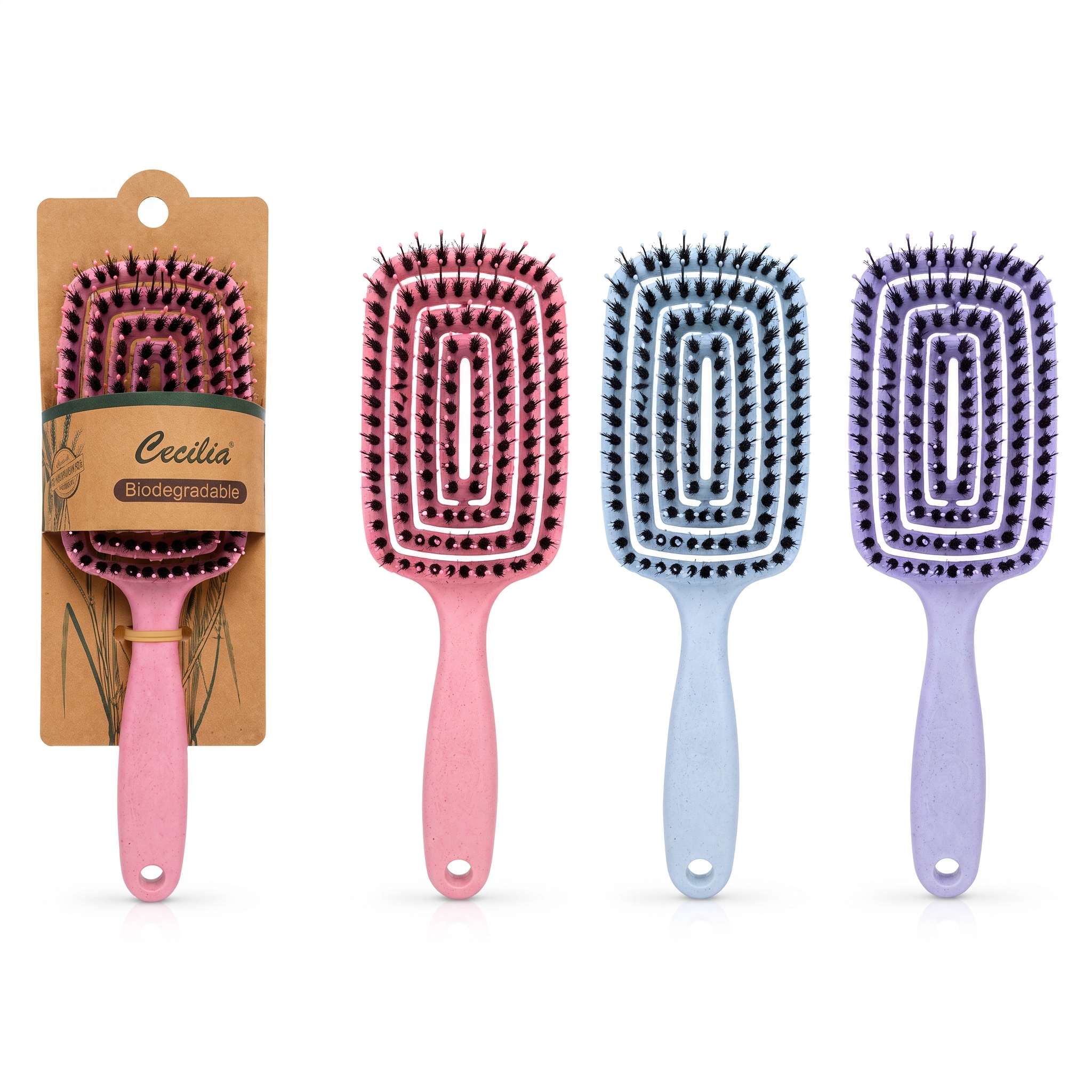 Cecilia Curved Vent Hair Brush in assorted colours for eco-friendly hair care