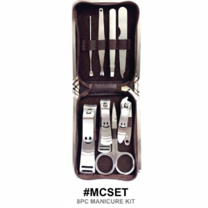 Open dark brown zippered 8-piece silver manicure kit with nail clippers, scissors, nail file and grooming tools.
