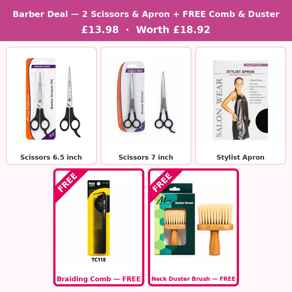 Barber Deal — 2 Scissors & Apron + FREE Comb & Duster #DEAL-01