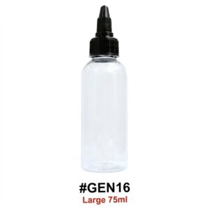Clear plastic nozzle bottle with black cap, 75ml size