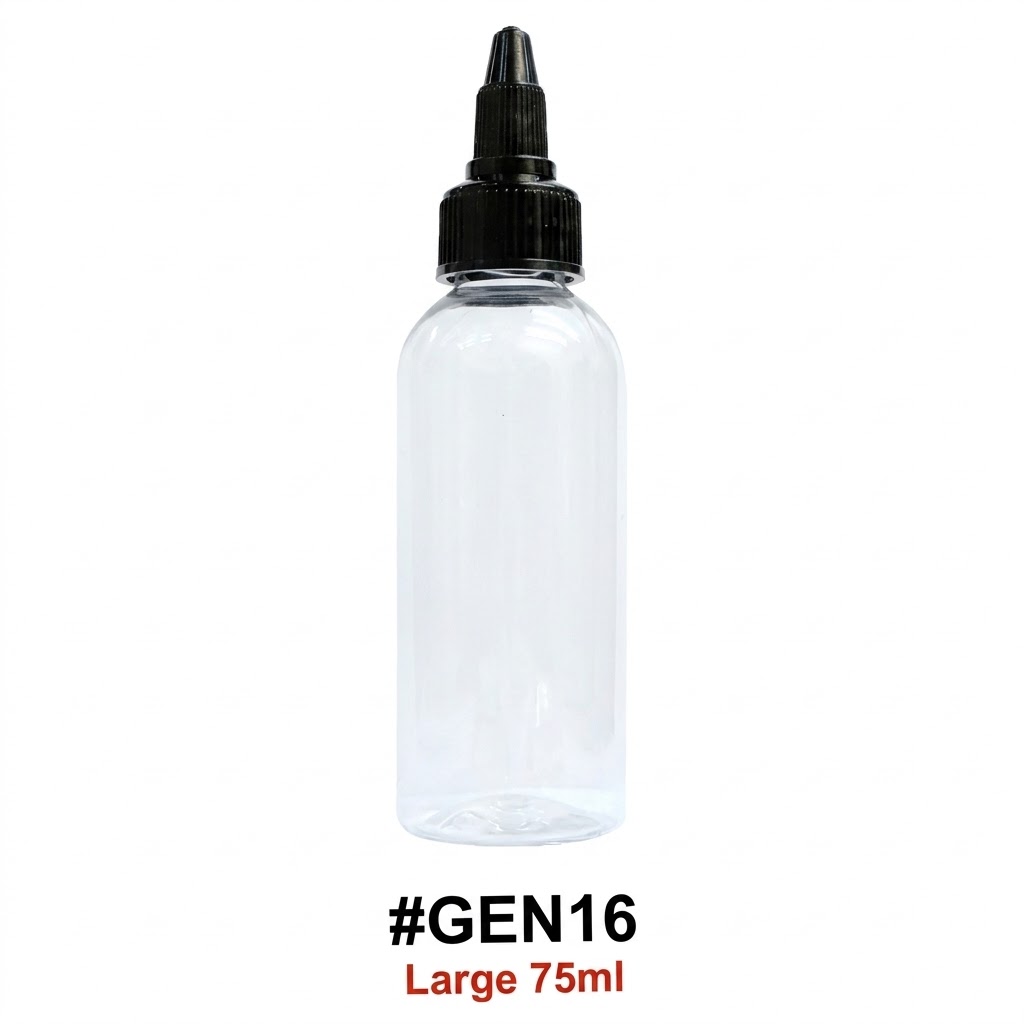 Clear plastic nozzle bottle with black cap, 75ml size