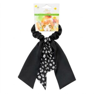 Murry Collection Fancy Floral Scrunchie with Flowing Ribbons in Black