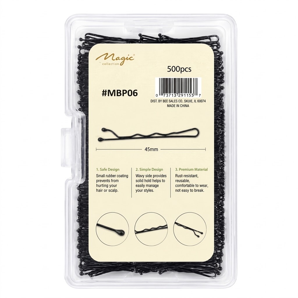 Pack of 500 black bobby hair pins with ball tip from Magic Collection