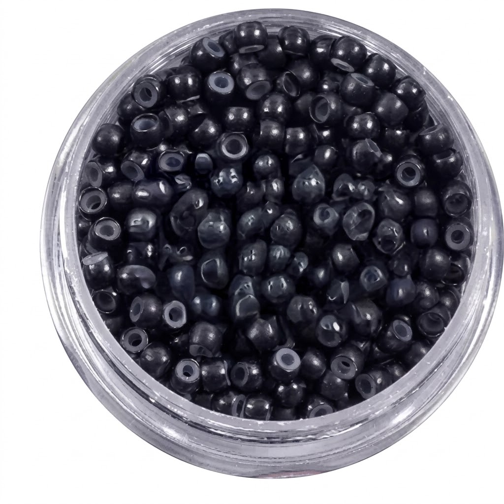 Black nano rings for hair extensions in a clear container