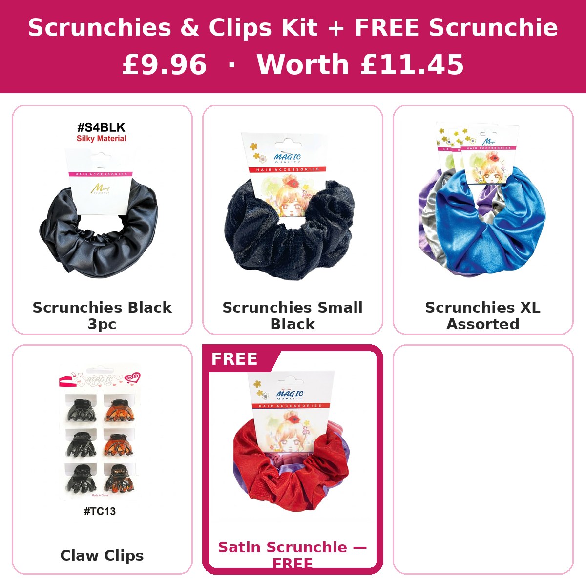 Scrunchies & Clips Kit — Scrunchies & Claw Clips + FREE Satin Scrunchie #DEAL-20