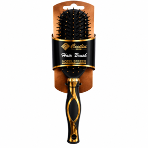 Cecilia Hair Brush #8650 – Large Round Barrel Brush Black & Gold with Chrome Handle