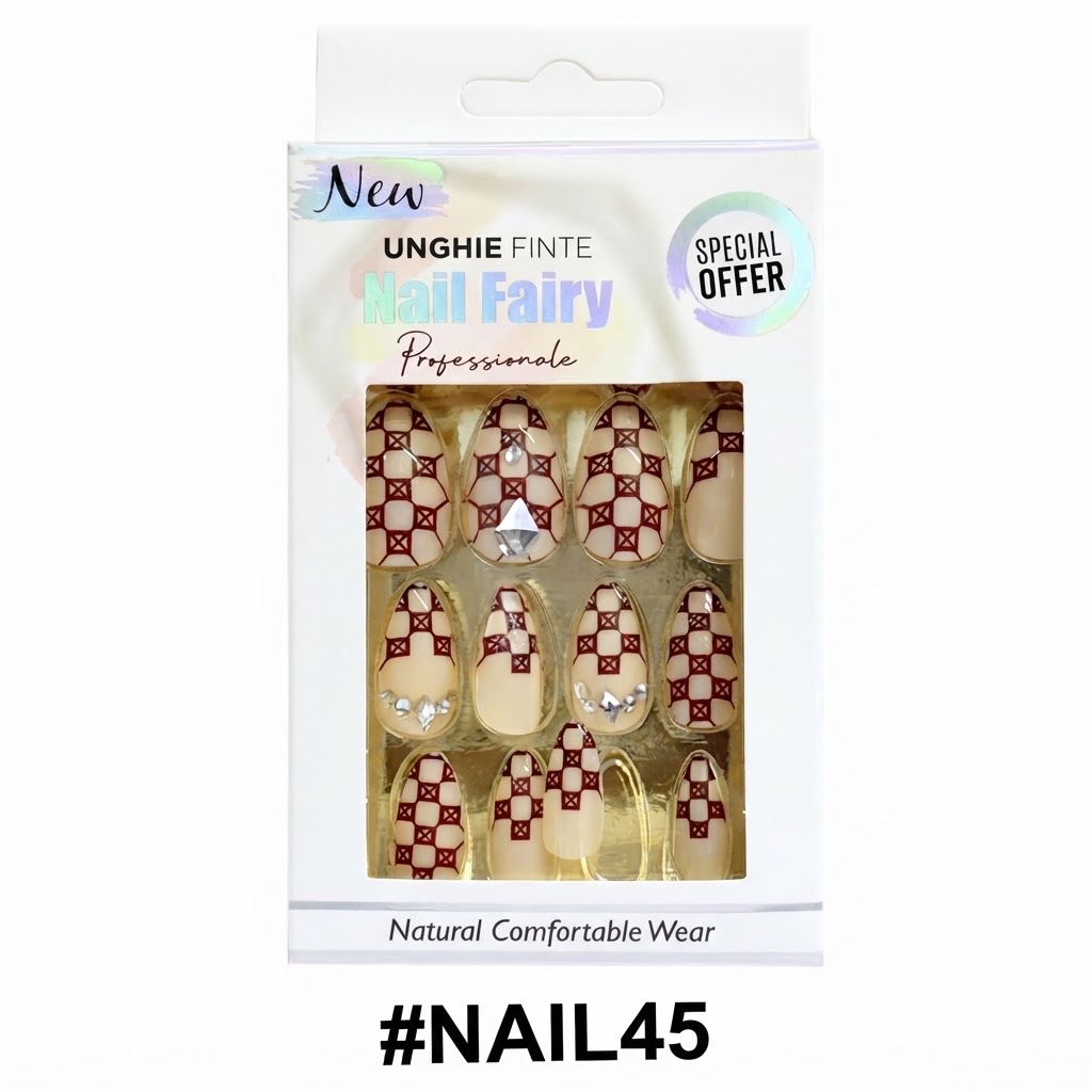 Fancy Finger Nail Lite Pink Brown Square #NAIL45