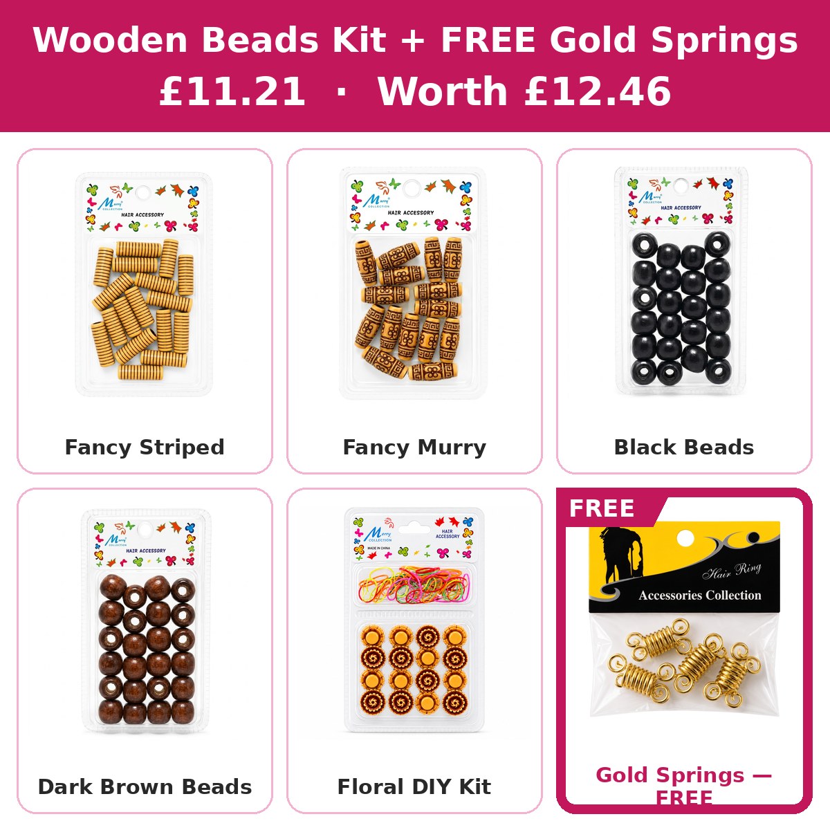 Wooden Beads Kit — 5 Beads + FREE Gold Braid Springs #DEAL-27